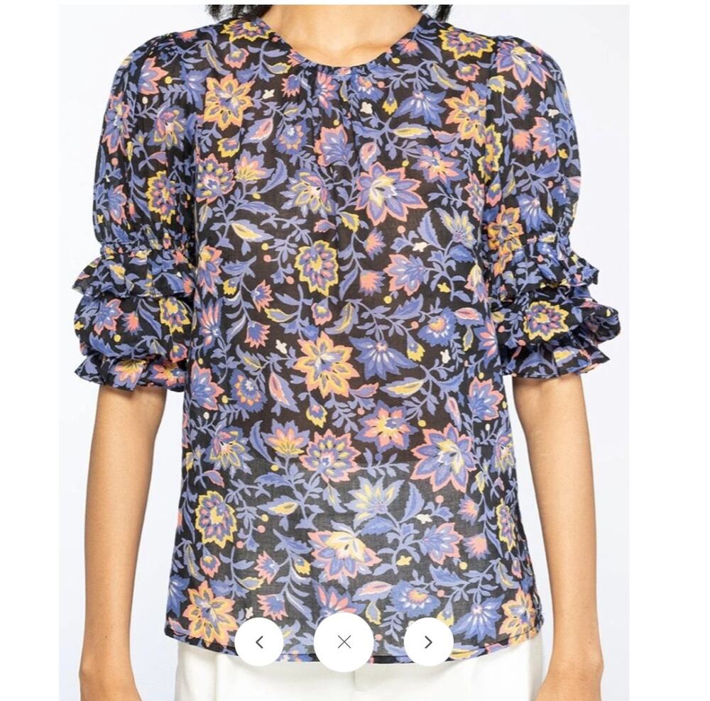 NWT BANJANAN Anthropologie Chloe Top S Black Floral Ruffle Sleeve Cotton Voile